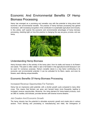 Economic And Environmental Benefits Of Hemp Biomass Processing