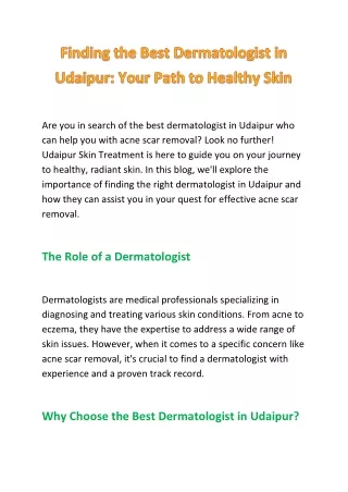 Finding the Best Dermatologist in Udaipur: Your Path to Healthy Skin