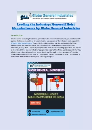 Best Monorail Hoist Manufacturers By Globe General Industries