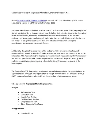 Global Tuberculosis (TB) Diagnostics Market Size, Share and Forecast 2031