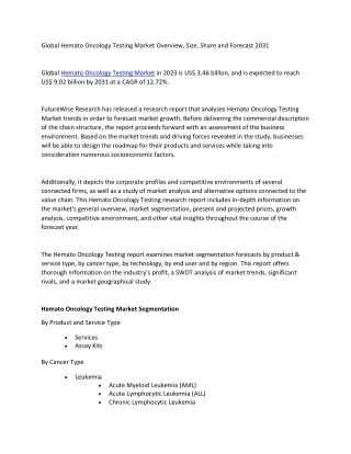 Global Hemato Oncology Testing Market Overview, Size, Share and Forecast 2031