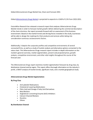 Global Atherosclerosis Drugs Market Size, Share and Forecast 2031