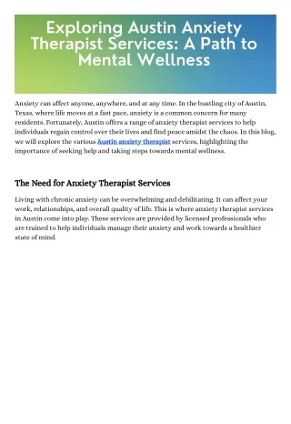 Exploring Austin Anxiety Therapist Services A Path to Mental Wellness