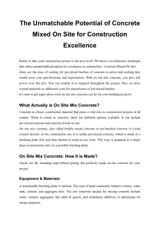 The Unmatchable Potential of Concrete Mixed On Site for Construction Excellence