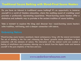 Traditional Sauna Bathing with Wood-Fired Sauna Heaters