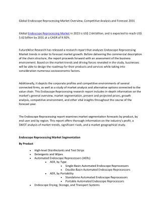 Global Endoscope Reprocessing Market Overview, Competitive Analysis and Forecast