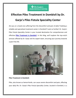 Effective Piles Treatment in Dombivli by Dr. Garje's Piles Fistula Speciality Center