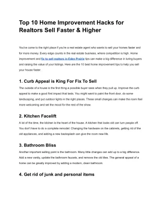 Top 10 Home Improvement Hacks for Realtors Sell Faster & Higher