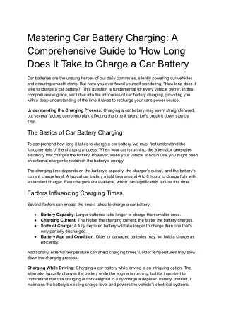 Mastering Car Battery Charging: A Comprehensive Guide to 'How Long Does It Take to Charge a Car Battery