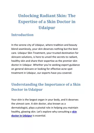 Unlocking Radiant Skin: The Expertise of a Skin Doctor in Udaipur