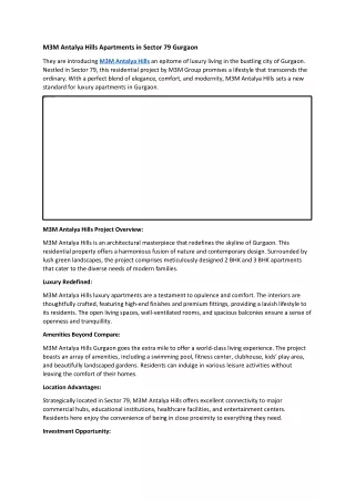 M3M Antalya Hills in Sector 79 Gurgaon