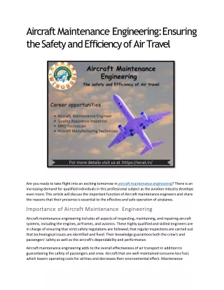 Aircraft Maintenance Engineering  Ensuring the Safety and Efficiency of Air Travel