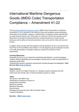 International Maritime Dangerous Goods (IMDG Code) Transportation Compliance – A