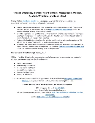 Trusted Emergency plumber near Bellmore, Massapequa, Merrick, Seaford, West Islip, and Long Island