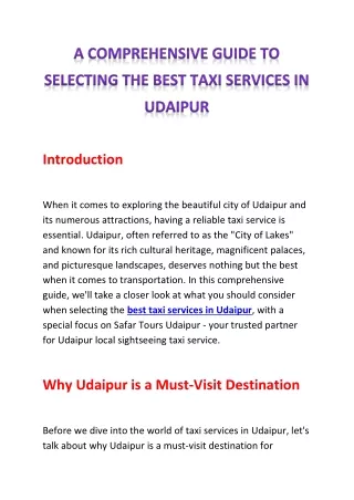 A Comprehensive Guide to Selecting the Best Taxi Services in Udaipur