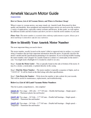 Ametek Lamb Vacuum Motor Guide