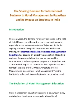 The Soaring Demand for International Bachelor in Hotel Management in Rajasthan and Its Impact on Students in India