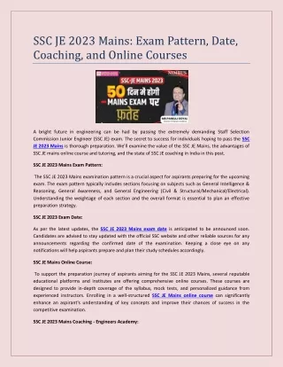 SSC JE 2023 Mains Exam Pattern, Date, Coaching, and Online Courses