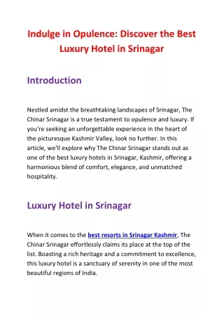 Indulge in Opulence: Discover the Best Luxury Hotel in Srinagar