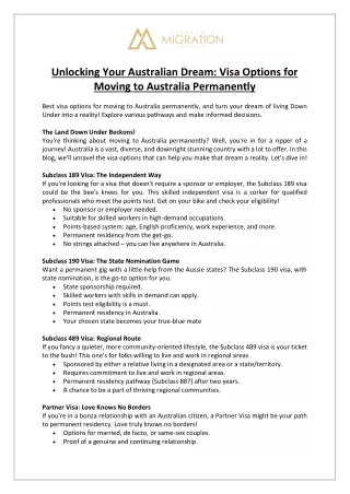 Visa Options for Moving to Australia Permanently