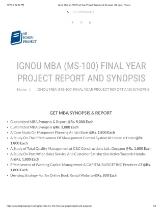 Ignou Mba Ms 100 Final Year Project Report And Synopsis