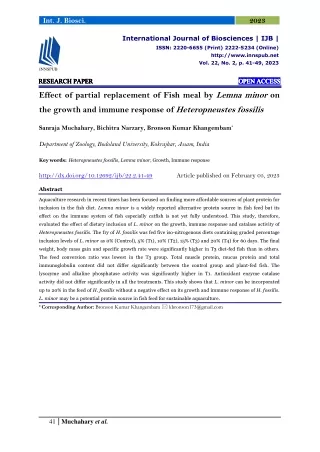 Effect of partial replacement of Fish meal by Lemna minor on the growth and immu