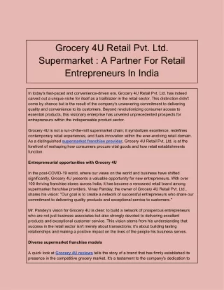 Grocery 4U Retail Pvt. Ltd. Supermarket  A Partner For Retail Entrepreneurs In India