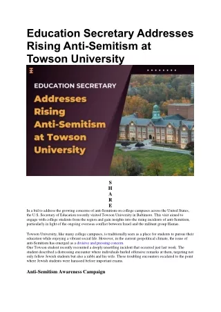 Rising Anti-semitism At Towson University, Addresses Education Secretary