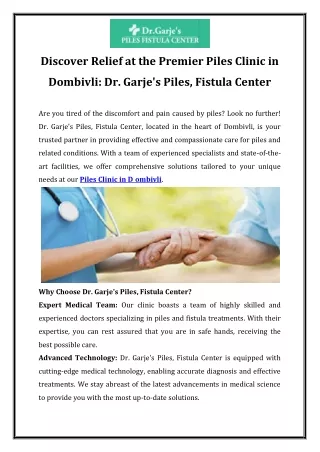 Discover Relief at the Premier Piles Clinic in Dombivli Dr. Garje's Piles, Fistula Center