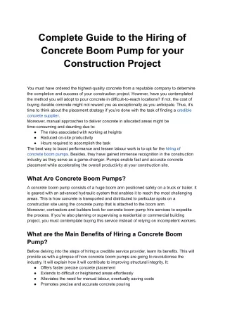 Complete Guide to the Hiring of Concrete Boom Pump for your Construction Project