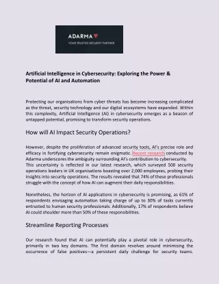 Artificial Intelligence in Cybersecurity Exploring the Potential - Adarma