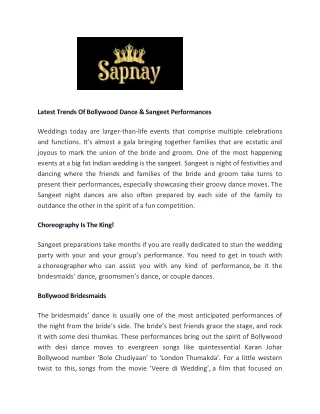 Latest Trends of Bollywood Dance & Sangeet Performances - Sapnay