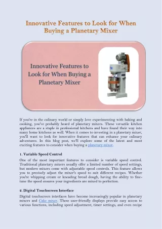 Innovative Features to Look for When Buying a Planetary Mixer