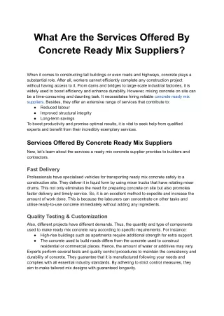 What Are the Services Offered By Concrete Ready Mix Suppliers