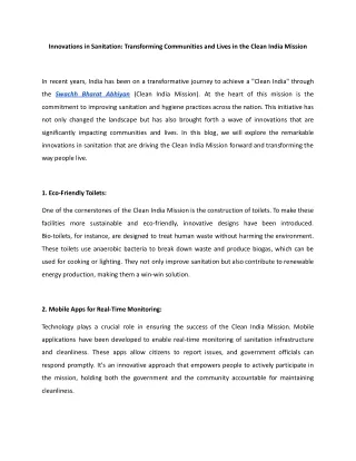 Innovations in Sanitation: Transforming Communities and Lives in the Clean India