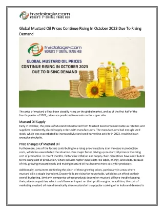 8-Global Mustard Oil Prices Continue Rising In October 2023 Due To Rising Demand