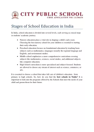 Stages of School Education in India