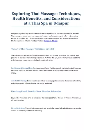 Exploring Thai Massage: Techniques, Health Benefits, and Considerations at a Tha