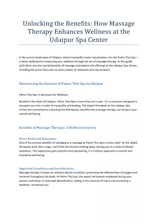 Unlocking the Benefits: How Massage Therapy Enhances Wellness at the Udaipur Spa