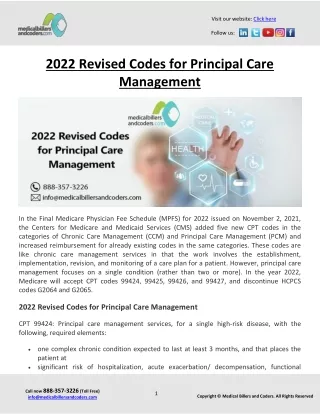 2022 Revised Codes for Principal Care Management
