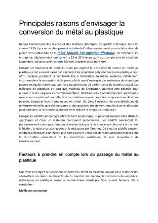 Principales raisons d'envisager la conversion du métal au plastique