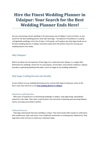 Hire the Finest Wedding Planner in Udaipur: Your Search for the Best Wedding Pla