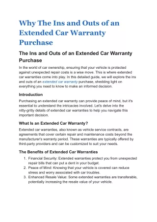 Why The Ins and Outs of an Extended Car Warranty Purchase