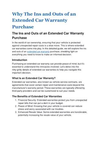 Why The Ins and Outs of an Extended Car Warranty Purchase