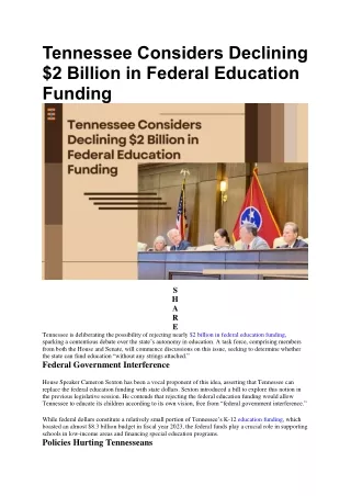 Tennessee Considers Declining $2 Billion In Federal Education Funding