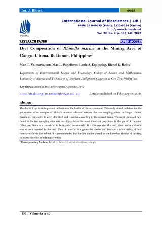 Diet Composition of Rhinella marina in the Mining Area of Gango, Libona, Bukidno