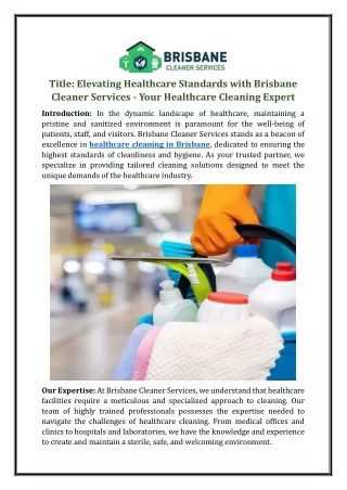 Elevating Healthcare Standards with Brisbane Cleaner Services - Your Healthcare