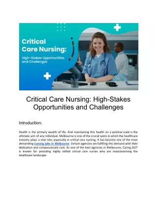 Caring 24/7's Impact on Nurturing Excellence in Critical Care Nursing in Melbour