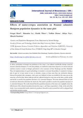 Effects of maize-cowpea association on Sesamia calamistis Hampson population dyn