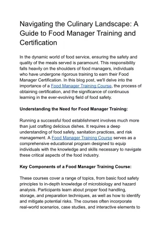 Navigating the Culinary Landscape: A Guide to Food Manager Training and Certific